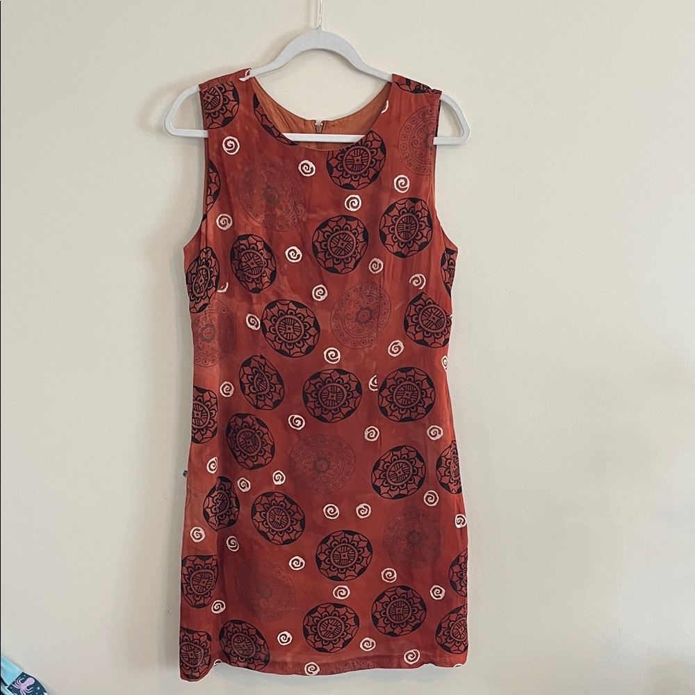 Vintage Micci‎ Rust Brown Tribal Boho Dress 90s Artsy Tie Dye Batik L Swirl